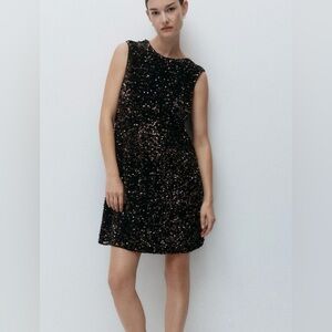 H&M Sleeveless Sequin Shift Dress in Brown
